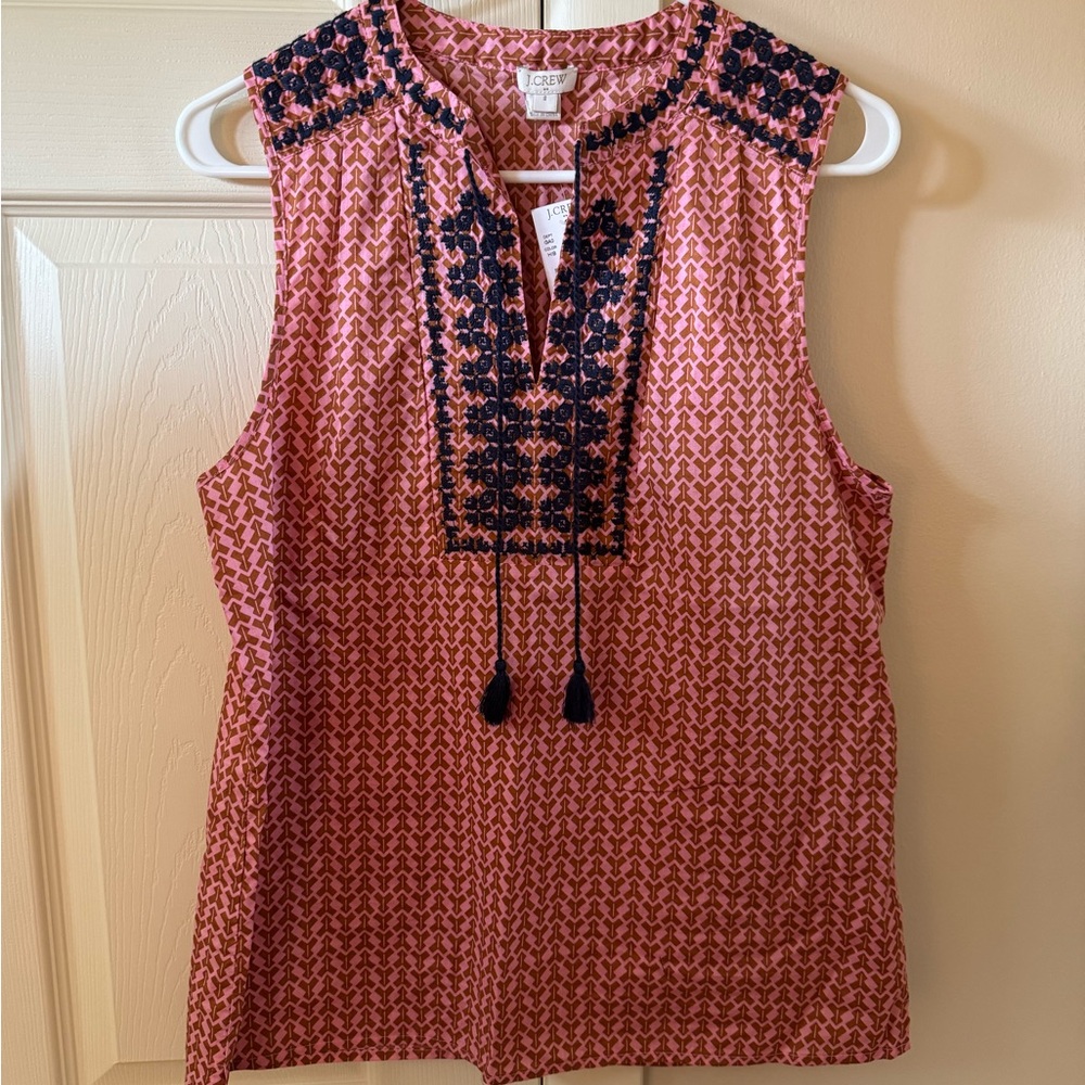 J. Crew Pink and Navy Embroidered Sleeveless Blouse NWT